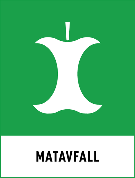 Symbol för  återvinning av matavfall. Grön bakgrund och ett vit äppelskrutt.