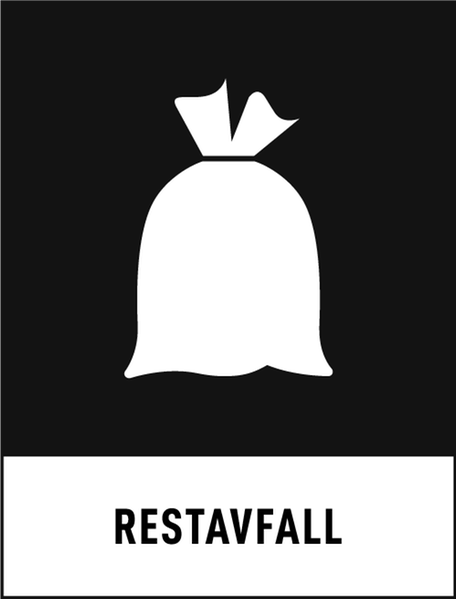 Symbol för återvinning av restavfall. Svart bakgrund och en vit sopsäck.