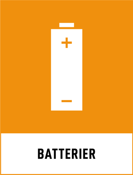 Symbol för återvinning av batterier. Orange bakgrund och ett vitt AA batteri.