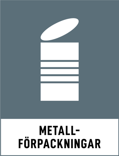 Symbol för  återvinning av metallförpackningar. Grå bakgrund och en vit konservburk.