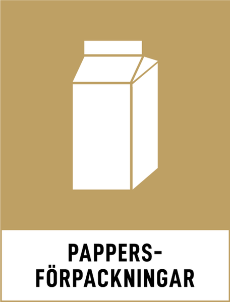 Symbol för återvinning av pappersförpackningar. Brun/gul bakgrund och en vit pappkartong i form av till exempel ett mjölkpaket.