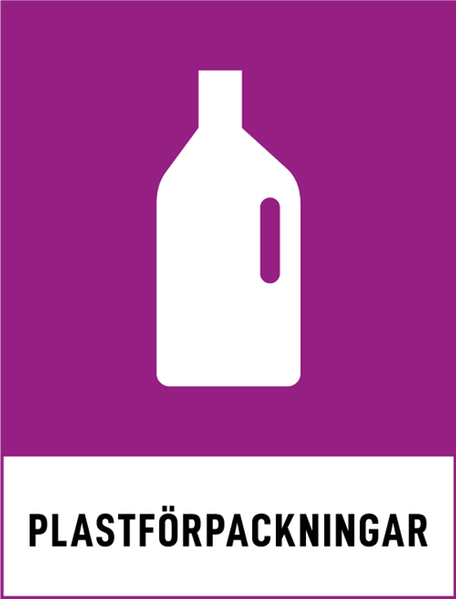 Symbol för återvinning av plastförpackningar. Rosa bakgrund och en vit plastförpackning.