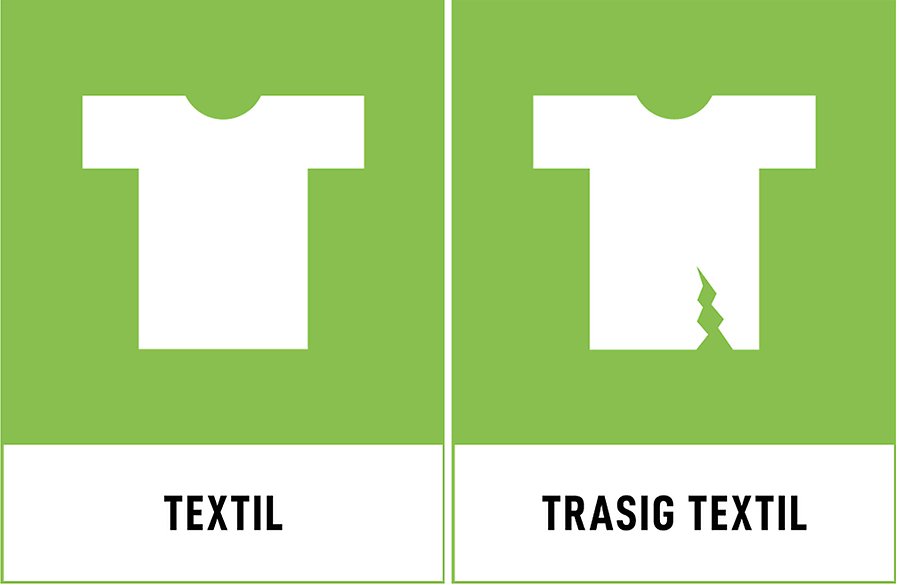 Symbol för återbruk och återvinning av hel och trasig textil. Grön bakgrund och en vit t-shirt som är hel och en som är trasig.