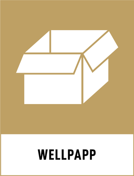 Symbol för återvinning av wellpapp. Brun/gul bakgrund och en vit kartong.