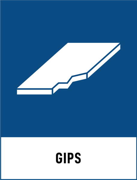 Symbol för återvinning av gips. Blå bakgrund och en vit trasig gipsskiva.