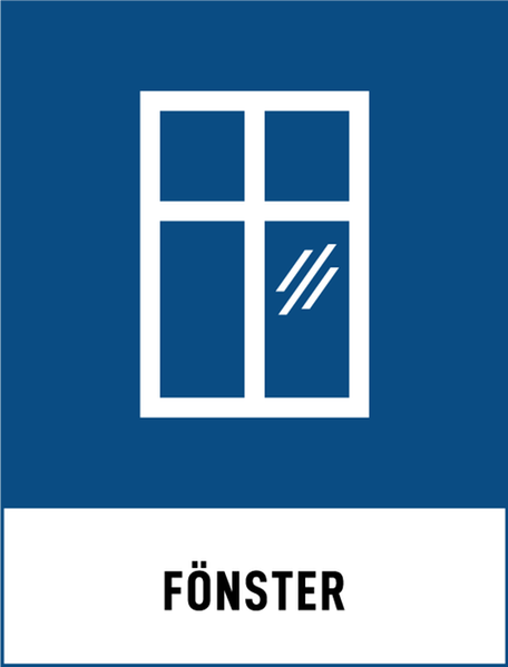 Symbol för  återvinning av fönster. Blå bakgrund och ett vitt fönster.