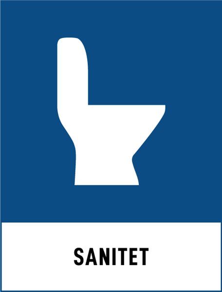 Symbol för återvinning av Sanitet. Blå bakgrund och en vit toastol.