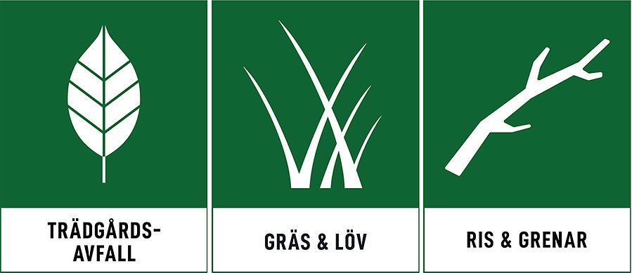 Symbol för trädgårdsavfall, gräs och löv och ris och grenar. Grön bakgrund och vita symboler som visar ett löv, gräs och en gren.