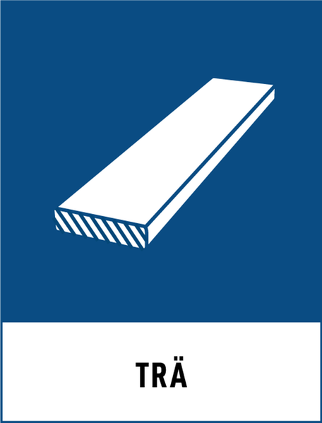 Symbol för  återvinning av trä. Blå bakgrund och en vit bräda.