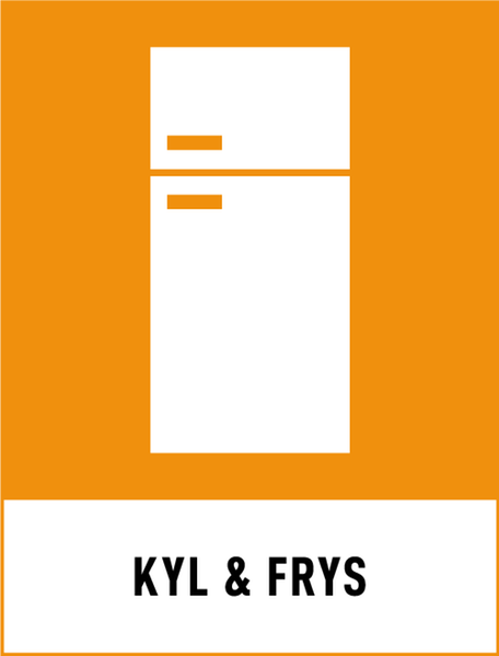 Symbol för  återvinning av kyl och frys. Orange bakgrund och ett vitt kylskåp.