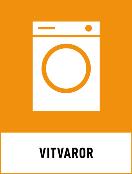 Symbol för återvinning av vitvaror. Orange bakgrund och en tvättmaskin.
