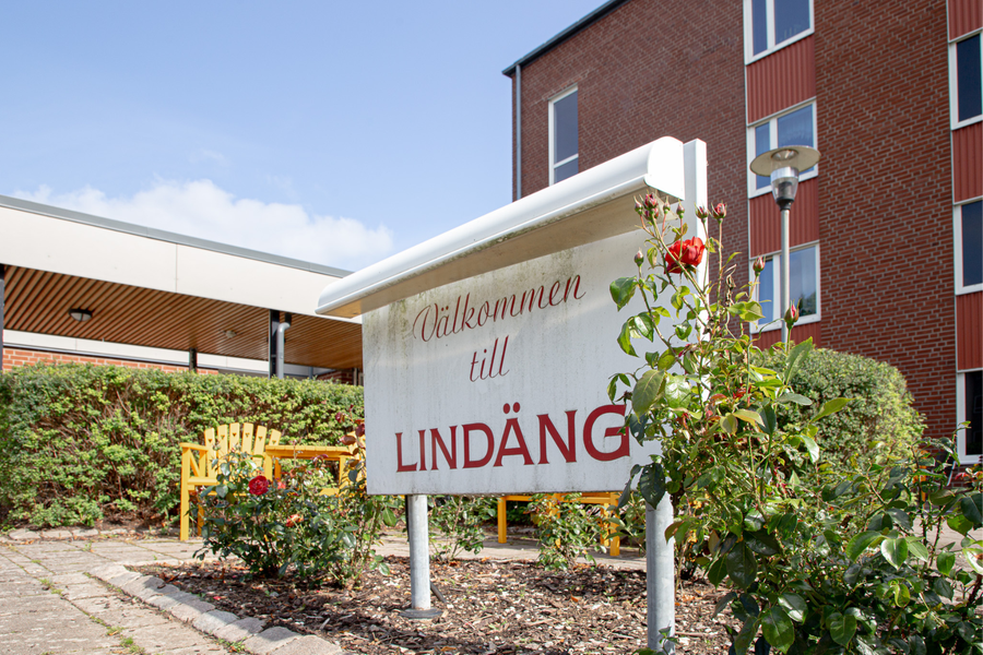 En välkomstskylt bland blommande rosenbuskar där det står "Välkommen till Lindäng".
