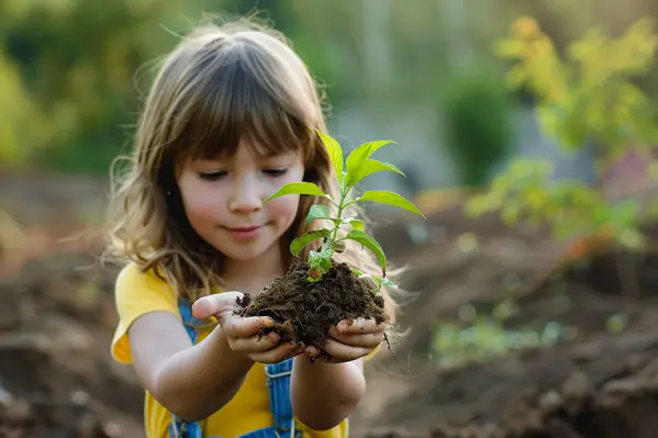 Flicka håller en planta i sina jordiga händer framför sig