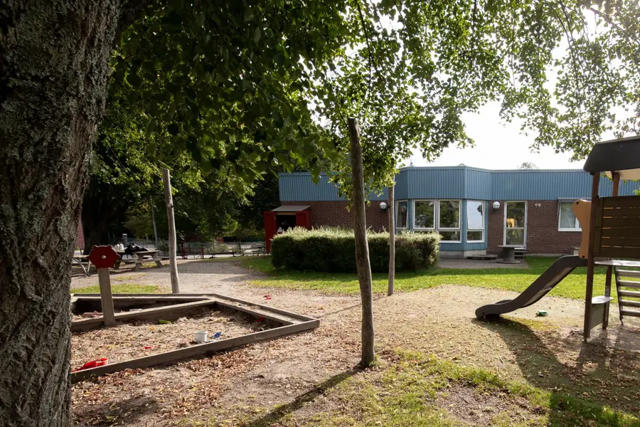 Strömbackens förskola omgivet av lummig grönska en solig sommardag.