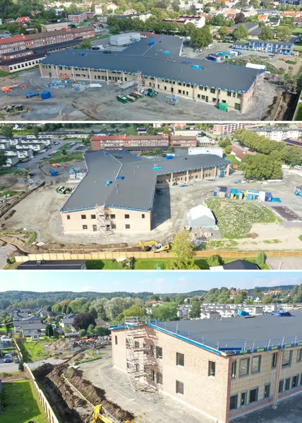 Foton som visar byggnationen av nya Ängskolan i Skene.
